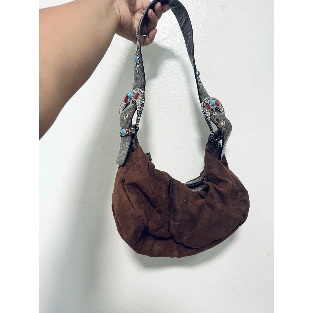 Western Brown Suede Hobo Purse Turquoise Concho Cowgirl Boho Shoulder Bag Y2K‎